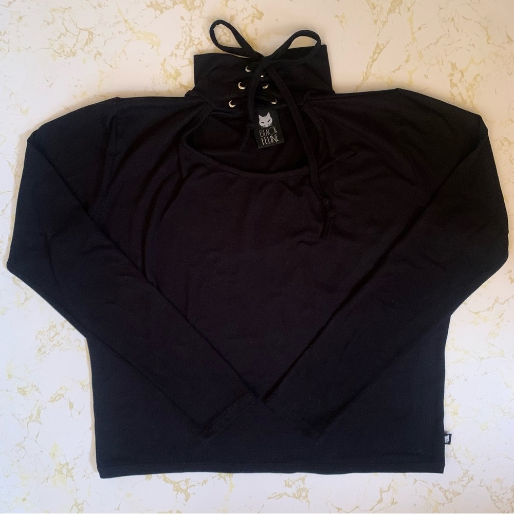 👉Black Feline🐈‍⬛ Keyhole Lace Up Long Sleeve Top